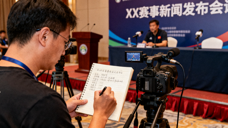 体育新闻发布现场,记者正在记录赛事相关资讯内容